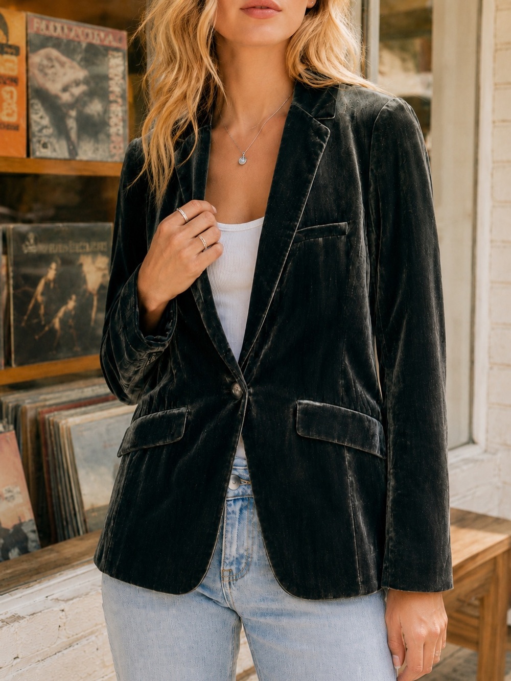 Anthropologie Alessia Velvet Blazer XS Charcoal Green One Button Tailored Jacket